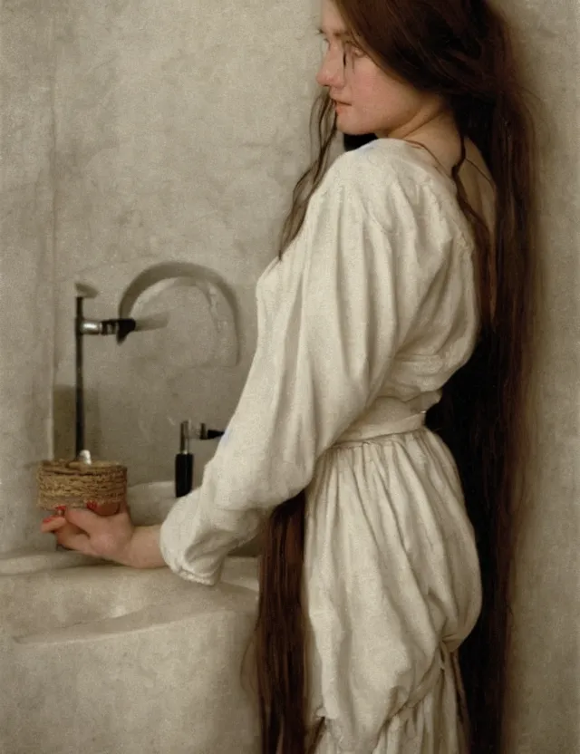 Prompt: portrait of beautiful peasant girl with long hair in a bathroom, minimalistic interior, soviet style, Cinematic focus, Polaroid photo, vintage, neutral colors, soft light, foggy, by Steve Hanks, by Serov Valentin, by lisa yuskavage, by Andrei Tarkovsky 8k render, detailed, oil on canvas