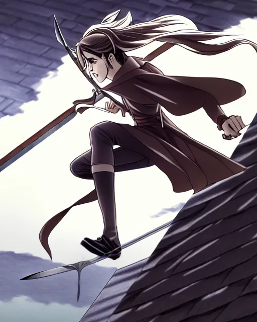 Prompt: a very detailed pencil drawing of emma watson in demon slayer manga panel, action lines, on rooftop, back light, sword slash, high resolution, dynamic pose, landscape, full body, action, sword, hyper realistic, manga, koyoharu gotouge, sakuga