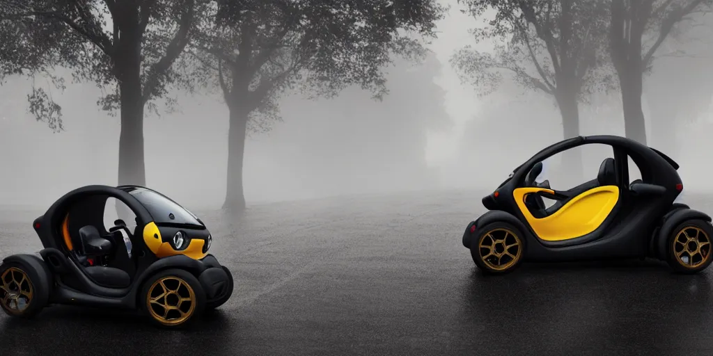 Image similar to parked renault twizy, fog, rain, volumetric lighting, beautiful, golden hour, sharp focus, highly detailed, cgsociety