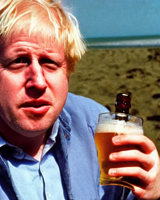 Prompt: film still close - up shot of boris johnson drinking a beer on the beach from the movie monty python's the meaning of life. photographic, photography