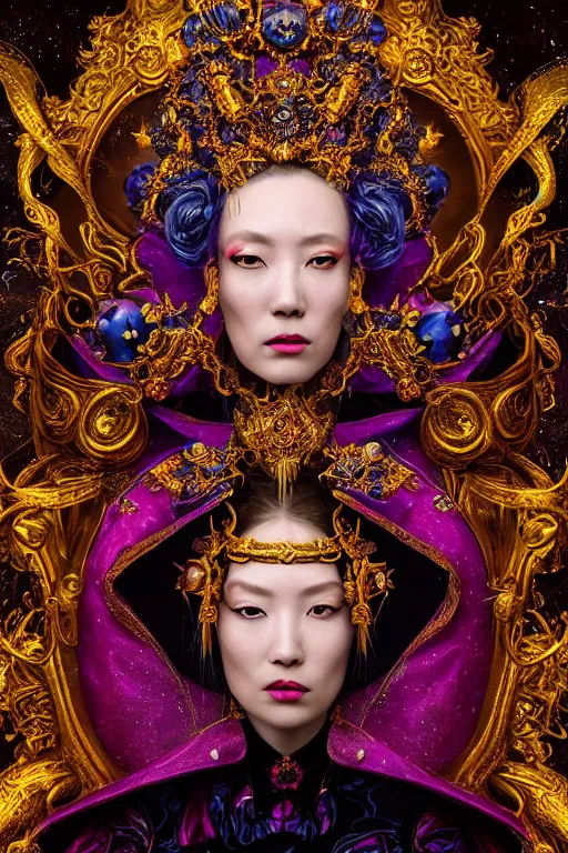 Image similar to a beautiful empress portrait, with a brilliant, impossible striking big cosmic galaxy headpiece, clothes entirely made out of cosmos chaos energy, symmetrical, dramatic studio lighting, rococo, baroque, jewels, asian, hyperrealism, closeup, D&D, fantasy, intricate, elegant, highly detailed, digital painting, artstation, octane render, 8k, concept art, matte, sharp focus, illustration, art by Artgerm and Greg Rutkowski and Alphonse Mucha