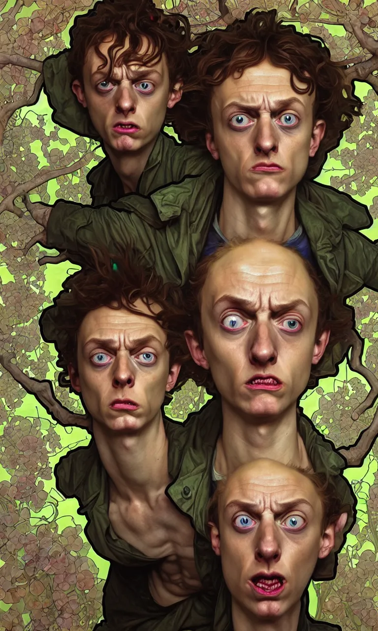 Prompt: hyper realistic grotesque portrait of an young dumb morty, from rick and morty, worried, interdimentional portal in the background, by lee bermejo, alphonse mucha and greg rutkowski