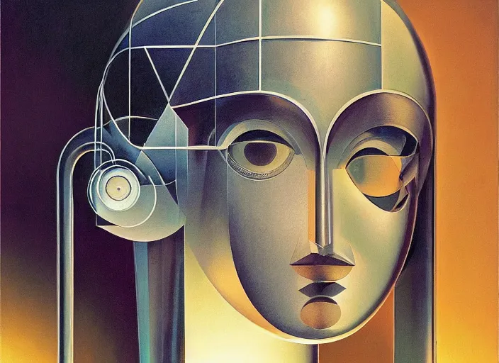 Image similar to a portrait headshot of sci fi metallic human, bright eyes, melancholic complex geometric figure liminal machinery by oskar schlemmer, moebius, john berkey, oil on canvas, portrait facial head, featured on artstation, hd wallpaper