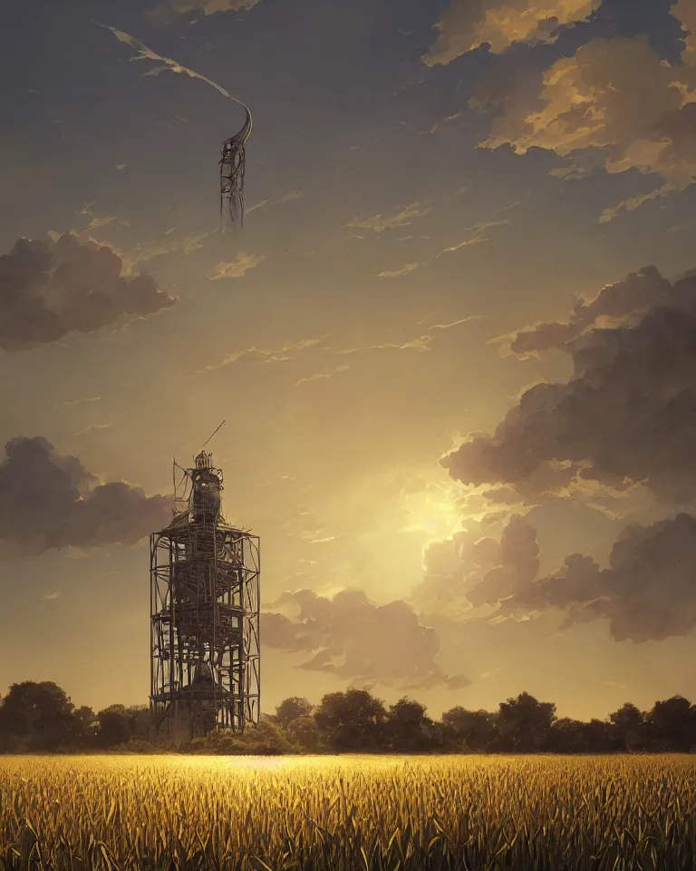 Image similar to wide shot of a tall and thin greebled structure hovering in the air 6 feet above a cornfield, late afternoon, golden hour, dramatic lighting, cinematic, highly detailed, smooth, sharp focus, concept art by greg rutkowski and artgerm and syd mead