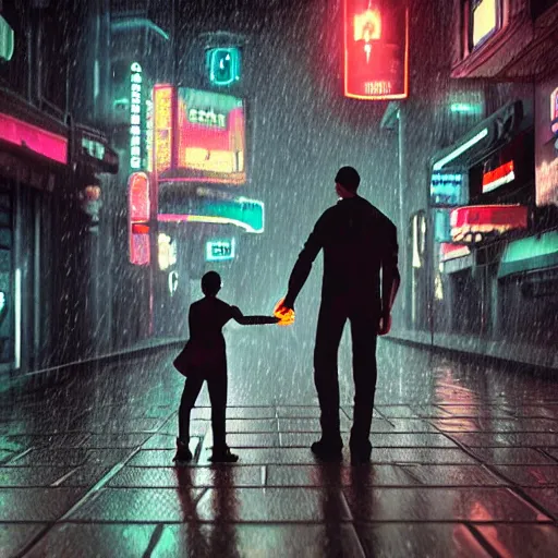 Prompt: robot walking holding hands with a human child in the middle of a cyberpunk street, blade runner, it is raining, 3d illustration, hyper realistic, cinematic