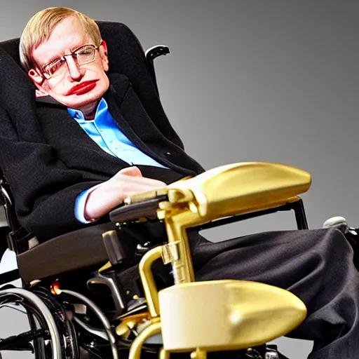 Image similar to Stephen Hawking with a gold wheelchair, flashy photography,