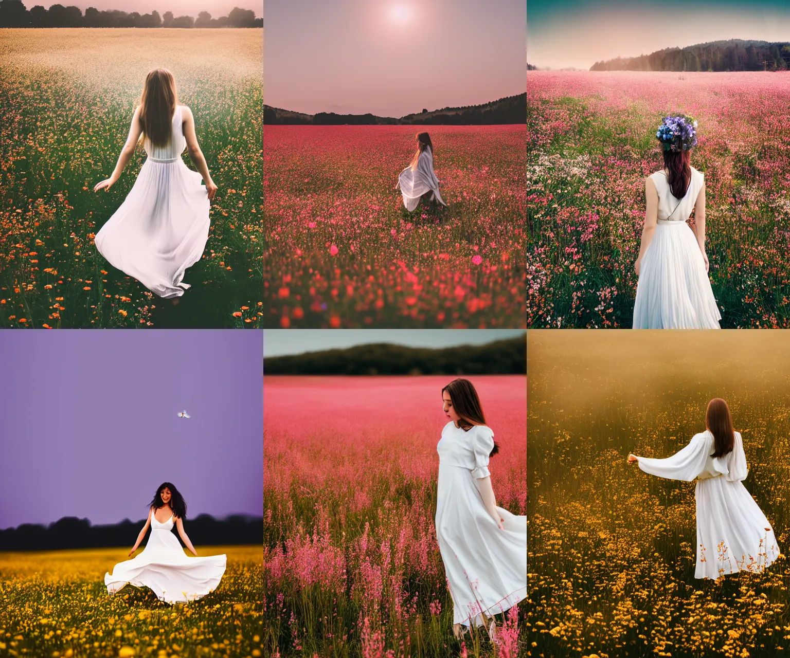 Prompt: 50mm DSLR photograph of a stunning flower meadow at morning, ethereal female in a white dress dancing in the center, soft lighting, photography, panoramic view, Hyperdetailed, Lightroom preset, photorealistic, Unsplash