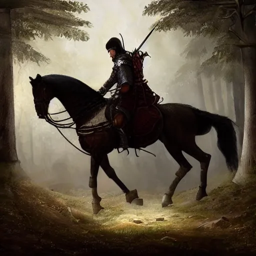 Image similar to aleksandar vucic wearing shining plate armor and riding a horse on a path through a dark forest, highly detailed, digital painting, sharp focus