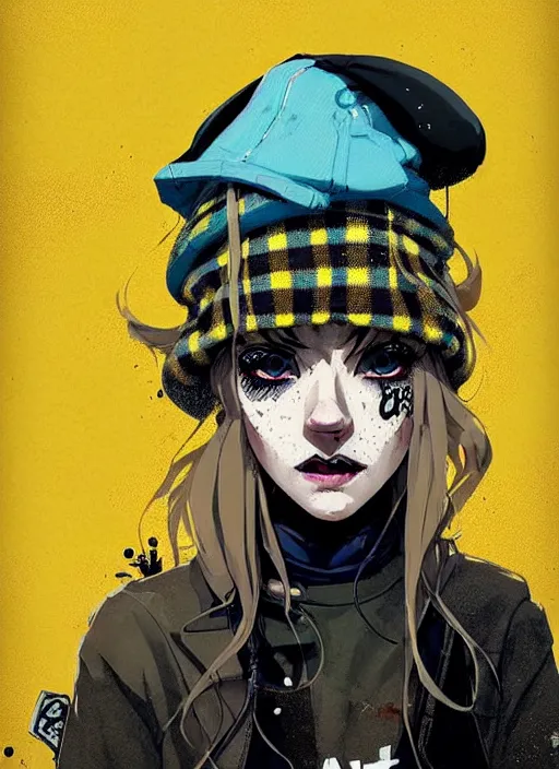 Image similar to highly detailed portrait of a sewerpunk lady student, blue eyes, tartan hoody, hat, white hair by atey ghailan, by greg rutkowski, by greg tocchini, by james gilleard, by joe fenton, by kaethe butcher, gradient yellow, black, brown and cyan color scheme, grunge aesthetic!!! ( ( graffiti tag wall background ) )