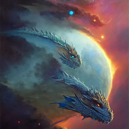 Prompt: Blue scaled dragon, European dragon, devouring an earth like planet in space, sun system, nebula, oil painting, by Fernanda Suarez and Edgar Maxence and Greg Rutkowski