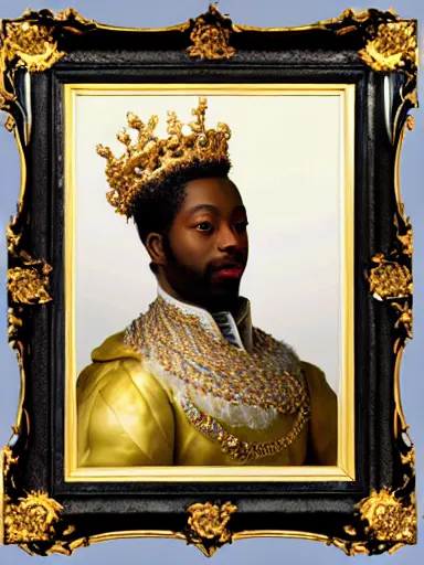 Image similar to rococo portrait of a black prince wearing a golden crown with pastel flowers, highly detailed, symmetrical, realistic, 8 k, digital painting, art by krenz cushart, kehinde wiley, artem demura