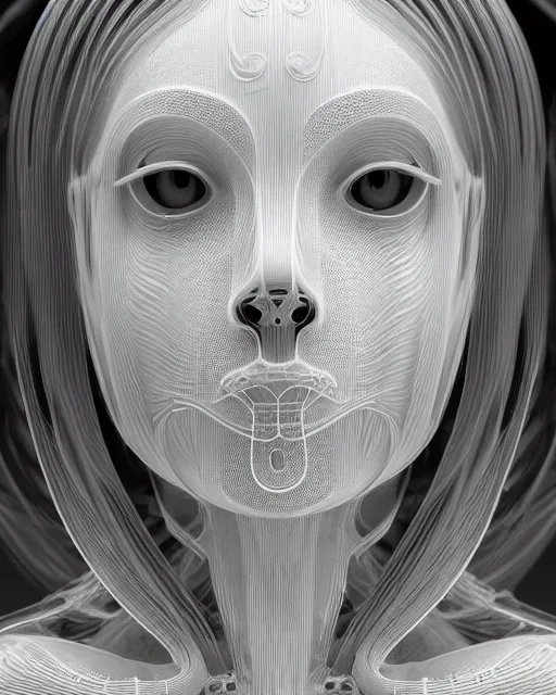 Image similar to mythical dreamy black and white organic translucent bio-mechanical spinal ribbed profile face portrait detail of mechanical beautiful female angelic-human-queen-realistic-doll-cyborg, highly detailed, intricate crystal jelly steampunk ornate, poetic, 3D render, digital art, octane render, 8K artistic photography, photo-realistic, by Dora Maar