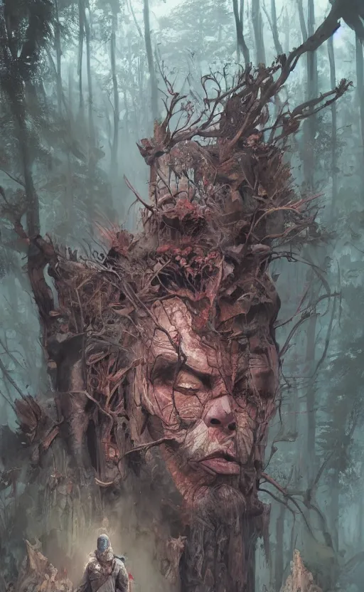 Prompt: portrait of hunting grounds in forest, symmetrical face features, front game card, drark, marvel comics, dark, intricate, highly detailed, smooth, artstation, digital illustration by ruan jia and mandy jurgens and artgerm and wayne barlowe and greg rutkowski and zdislav beksinski