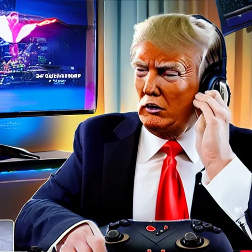 Image similar to Donald Trump with gaming headset sitting at a desk with gaming gear and an RGB PC