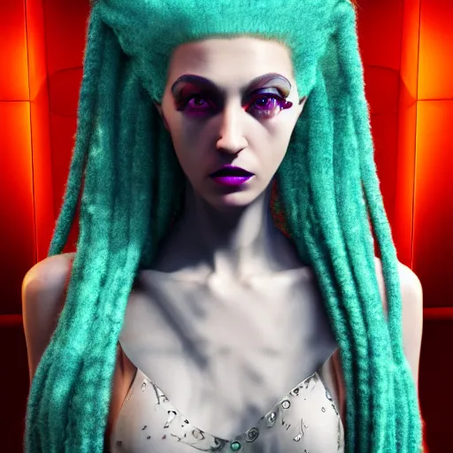 Image similar to 8 k octane render, photo realistic, haute couture, iris van herpen, mugler, techno mystic, inanna ashteroth with aqua neon rapunzel dreadlocks, nautical siren, princess intergalactica, gateway to futurisma