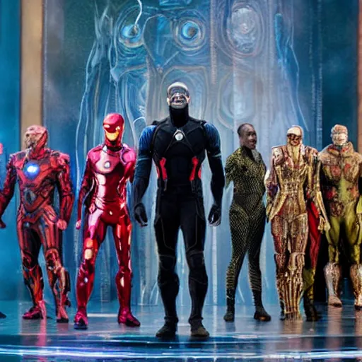 Prompt: costumes by Julie Taymor for Avengers: Infinity War the musical on broadway, production photos