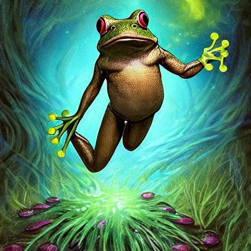 Prompt: mischievous forest spirit darts through the air over a frog pond at night. magic swirls in the air. the spirit grins with glee. by kevin walker, by greg staples, by daarken, by terese nielsen,