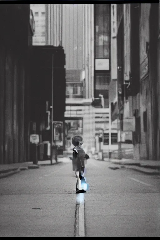 Image similar to photo polaroid of sad and lonely child in the middle of an empty street in a big city, photorealistic, 35mm film, black and white, polaroid,