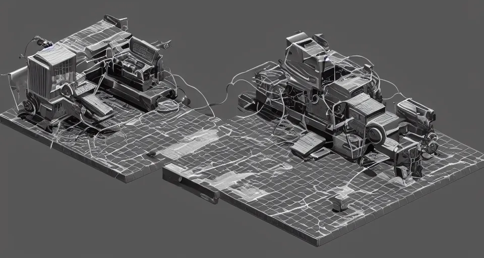 Image similar to isometric octane render of a deconstructed thinking machine