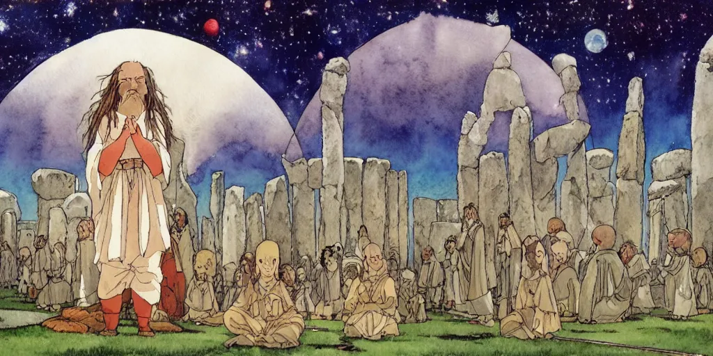Image similar to a hyperrealist studio ghibli watercolor fantasy concept art of a giant long haired medieval monk with their heads down in lotus position in stonehenge with a starry sky in the background. a giant alien starship from independence day ( 1 9 9 6 ) is floating in the air. by rebecca guay, michael kaluta, charles vess