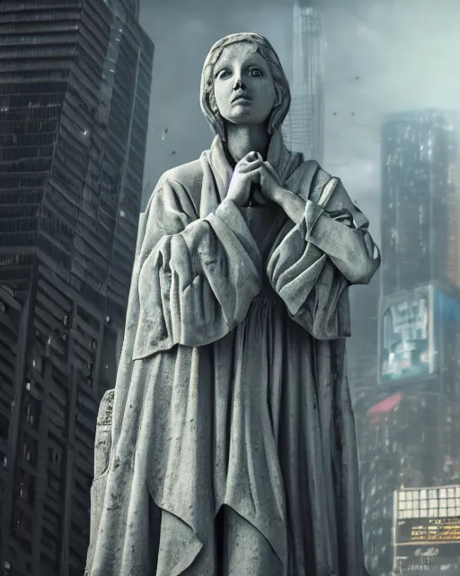 Image similar to a weeping angel statue in a cyberpunk dystopian city, aesthetic octane render, 8 k hyperrealistic, futuristic