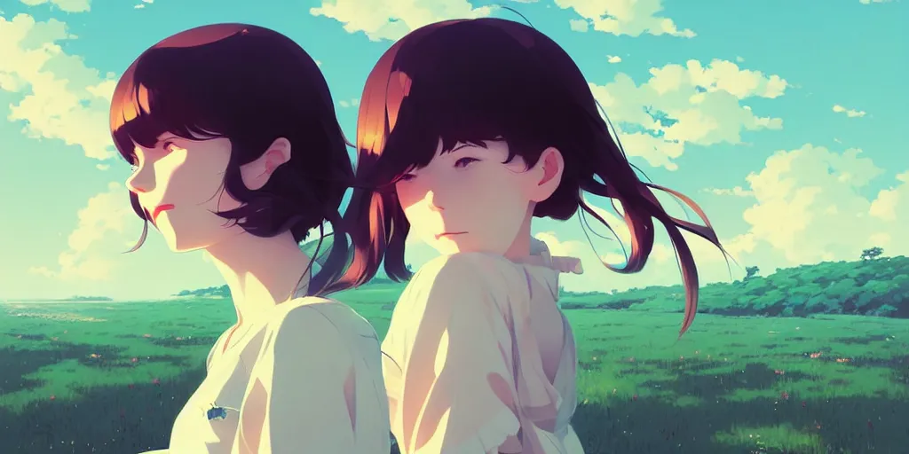 Image similar to portrait of a smiling girl by ilya kuvshinov, cloudy sky background lush landscape ln illustration concept art anime key visual trending pixiv by victo ngai fanbox by greg rutkowski makoto shinkai takashi takeuchi studio ghibli