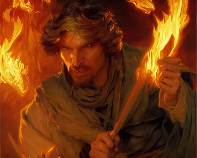 Image similar to attractive male wizard casting powerful fire spell. highly detailed painting by gaston bussiere, craig mullins, j. c. leyendecker 8 k