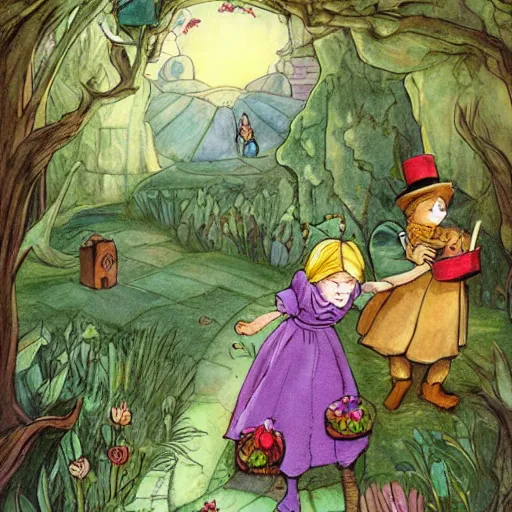 Prompt: Alice in Wonderland and Wizard of Oz mixed into a dream storybook illustration