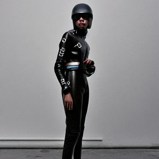 Image similar to realistic photoshooting for a new balenciaga lookbook, color film photography, portrait of a beautiful woman, woman is wearing a motorcycle suit, in style of Tyler Mitchell, 35mm,