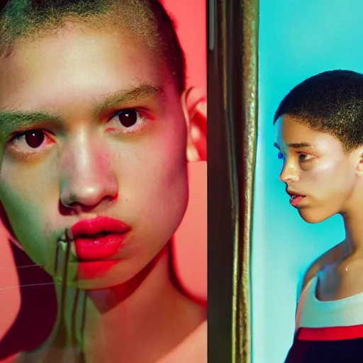 Image similar to realistic photoshooting for a new balenciaga lookbook, color film photography, portrait of a beautiful woman, swirly bokeh. red neon lights and glow in the background, hyper realistic and detailed, by photo in style of tyler mitchell, wes anderson, julia hetta, tim walker, petra collins, 3 5 mm,