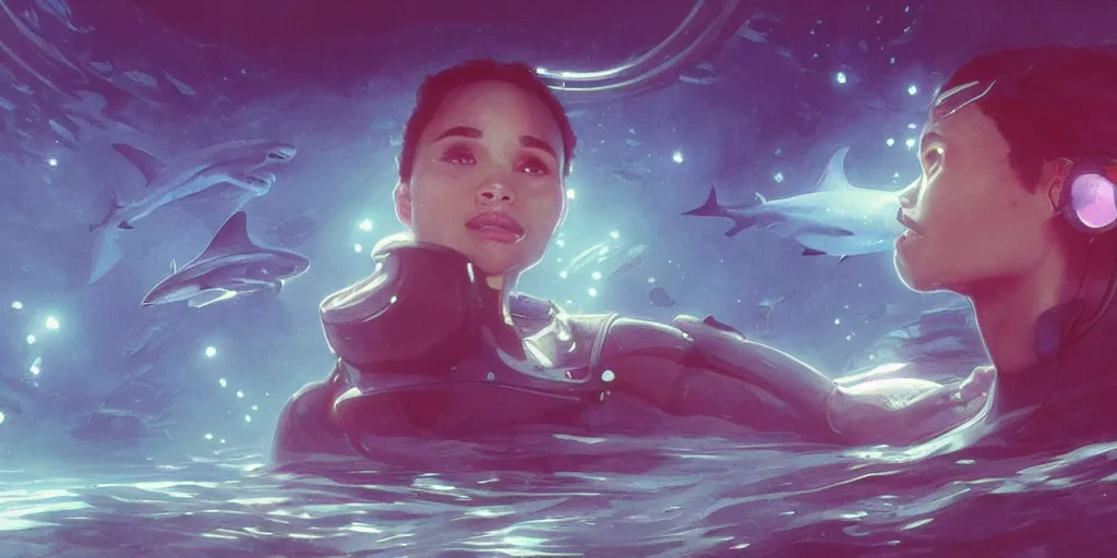 Image similar to Zoe Kravitz as an astronaut, underwater in the ocean at night, sharks, eerie atmospheric, volumetric lighting, glowing lights, 4k, octane, digital painting, artstation, concept art, sharp focus, illustration, art by artgerm and greg rutkowski and alphonse mucha wide angle view,