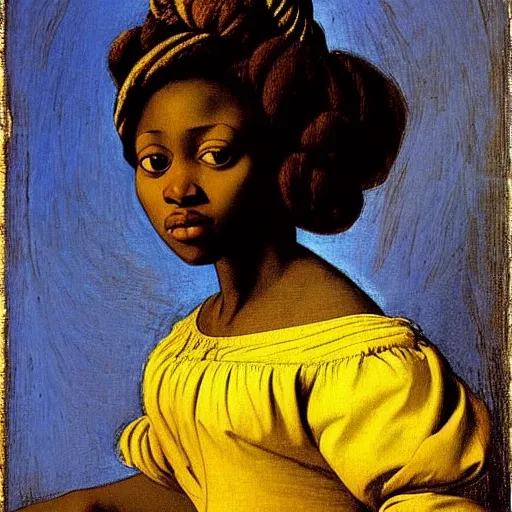 Image similar to a beautiful african girl, she is wearing a yellow dress with blue trim, she has long hair, artemisia gentileschi