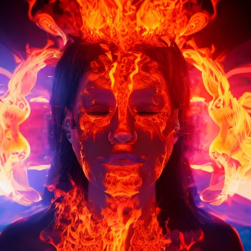 Prompt: portrait ultra dimensional flame entity, overwhelming psychosis of self realization and burning awakening, ultra high definition, unreal engine 5, hyperrealism, masterpiece composition, 8 k photorealistic