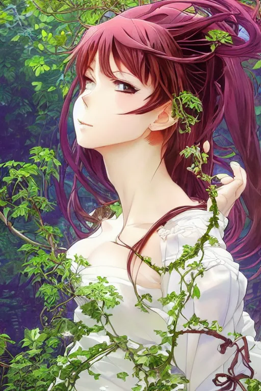 Prompt: anime key visual of a beautiful young lady cat!! in white silk clothing covered in vibrant green vines, intricate, magical forest, stunning, highly detailed, digital painting, artstation, smooth, hard focus, illustration, art by artgerm and greg rutkowski and alphonse mucha