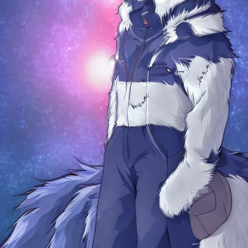 Prompt: modern anime still an anthro dark blue wolf furry fursona in a lavish outfit, handsome anime eyes, key anime visuals with anime environmental background