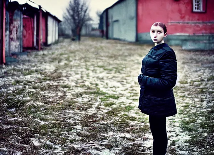 Prompt: 2 0 years old female gopnik, soviet yard, typical russian atmosphere, symmetrical, cinematic, real photography