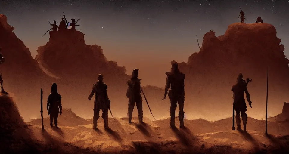 Prompt: Group of four adventurer as silhouettes, two small, one tall, Scenic view at night of the rock desert, underexposed, clean horizon, matte painting by craig mullins and dan mumford, dark fantasy, style of game of thrones, concept art trending on artstation, 4k, insane details