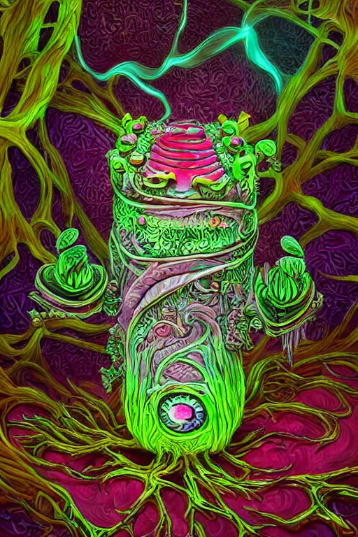 Image similar to creature sushi roots cactus elemental flush of force nature micro world fluo light deepdream a wild amazing steampunk baroque ancient alien creature, intricate detail, colorful digital painting radiating a glowing aura global illumination ray tracing