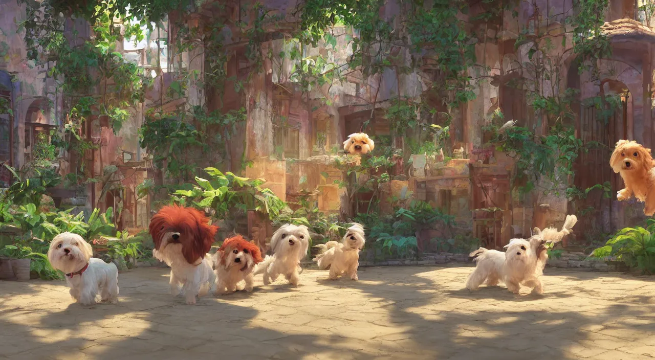 Image similar to havanese dogs playing in a cuba hacienda, 1 9 0 0, genndy tartakovsky, atey ghailan, goro fujita, studio ghibli, rim light, morning lighting, clear focus, very coherent