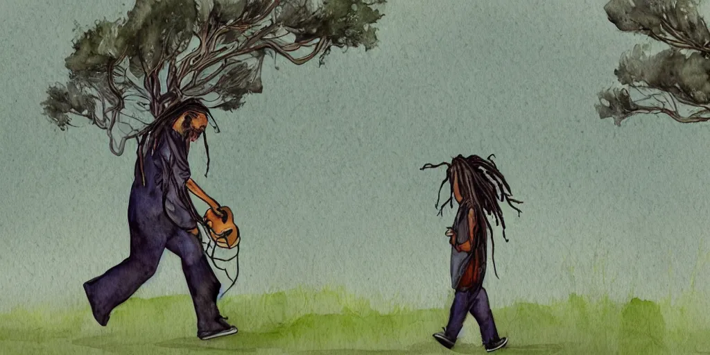 Prompt: side shot of a man with dreadlocks walking while playing the guitar with trees in the background, in watercolor style, animation, concept art