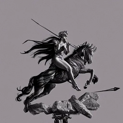 Image similar to Artemis, goddess of the hunt riding on top of a mythical crrature holding a spear. 4k, award winning, concept art, high quality