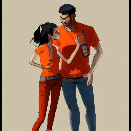 Image similar to man in orange t - shirt hugging girl, vivid colors, character sheet, fine details, concept design, contrast, kim jung gi, greg rutkowski, trending on artstation, 8 k, full body, turnaround, front view, back view, ultra wide angle