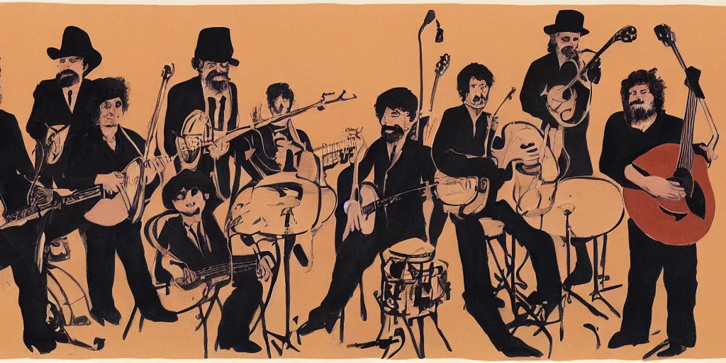 Prompt: painting of The Band (Robbie Robertson, Garth Hudson, Richard Manuel, Rick Danko, Levon Helm), circa Music From Big Pink, by Paula Rego