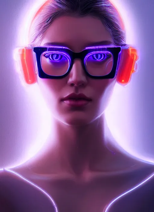 Image similar to portrait of female humanoid in transparent eyewear, intricate, elegant, cyber neon lights, highly detailed, digital photography, artstation, glamor pose, concept art, smooth, sharp focus, art by artgerm and greg rutkowski