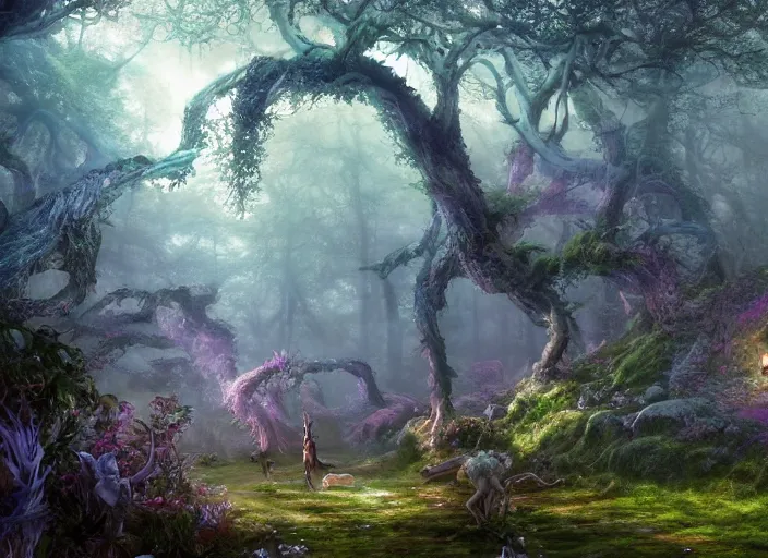 Image similar to desktop background, magical fantasy forest, centaur, path traced, highly detailed, high quality, digital painting, by studio ghibli, lise deharme, alexander jansson, paul lehr, tim white, hans zatzka, henriette ronner - knip, george stubbs, louis wain