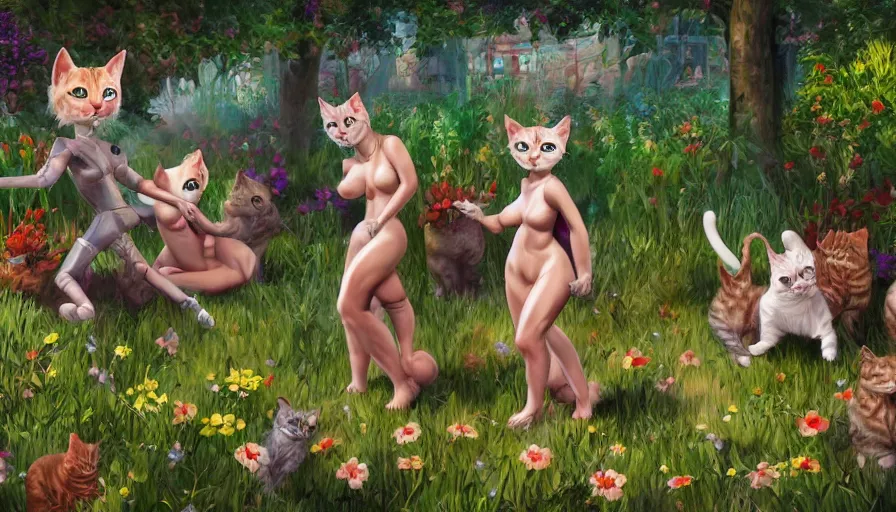 Prompt: humanoid cats in latex dress playing in the garden, surrounded by miece audience, masterpiece, pinup, highly detailed, digital painting, artstation, concept art, smooth, sharp focus, illustration, Unreal Engine 5, 8K