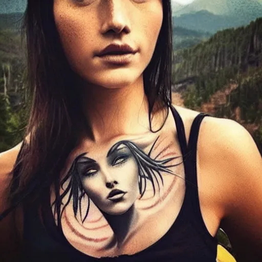 Image similar to realistic tattoo idea of a beautiful woman face blended with a mountain scenery