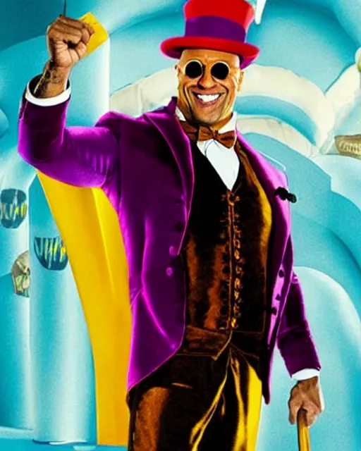 Image similar to Film still of Dwayne Johnson as Willy Wonka from the movie Willy Wonka & The Chocolate Factory