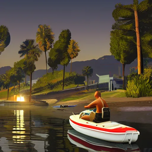 Image similar to A Grand Theft Auto 5 cover style illustration, extremely detailed featuring a river in Europe, surrounded by trees and fields. A dinghy is slowly moving through the water. Nighttime.