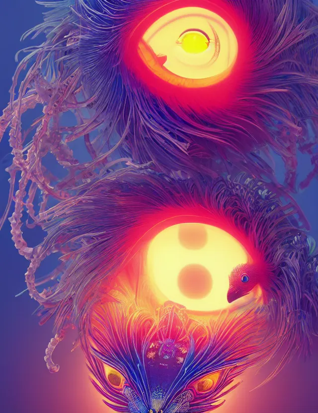 Image similar to 3 d eye of god. beautiful intricately detailed japanese crow kitsune mask and clasical japanese kimono. betta fish, jellyfish phoenix, bio luminescent, plasma, ice, water, wind, creature, artwork by tooth wu and wlop and beeple and greg rutkowski